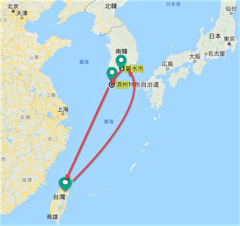 基隆出發麗水、濟州島航程圖