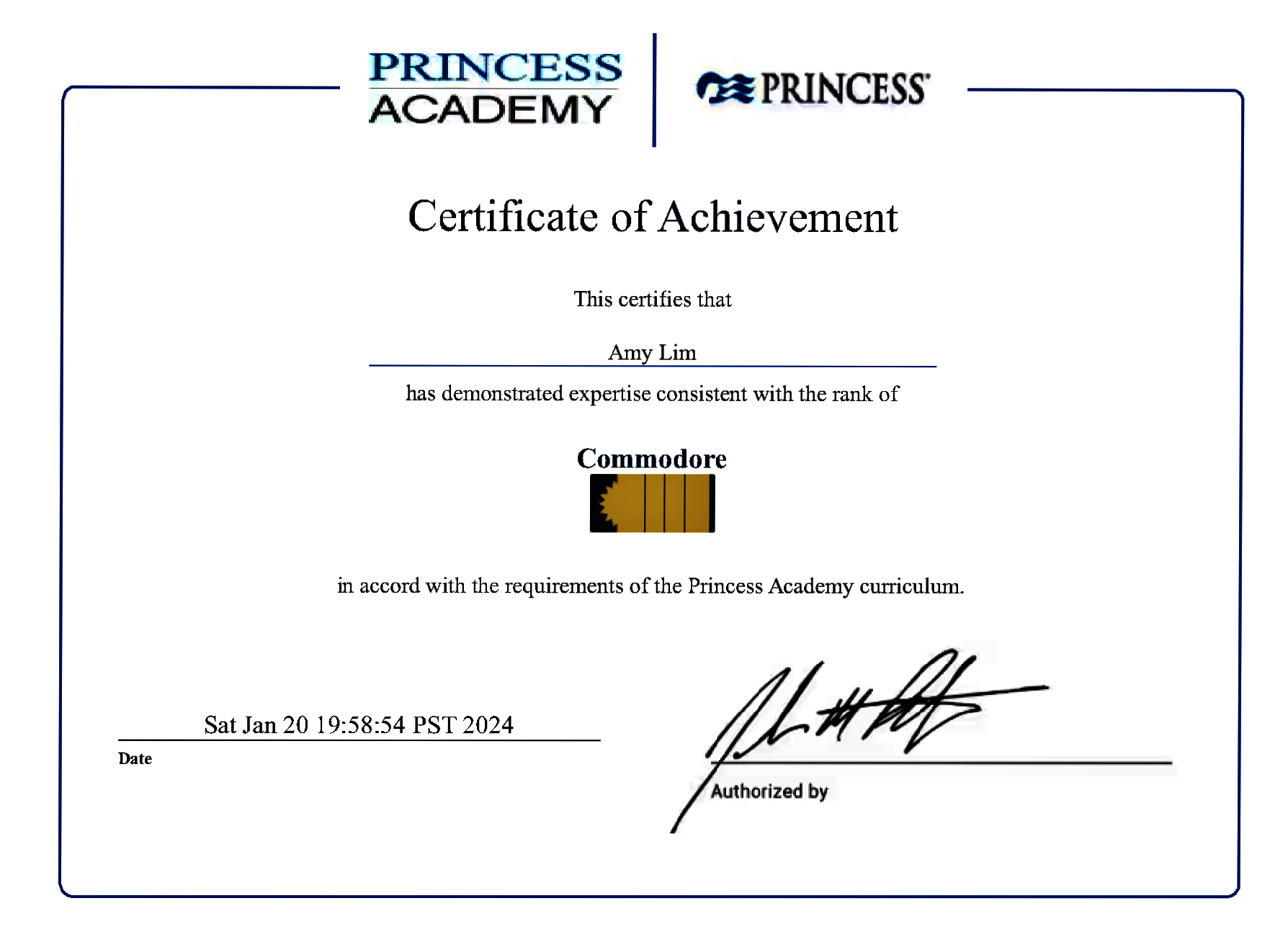 公主遊輪公主學院准將 (Commodore Certificate)