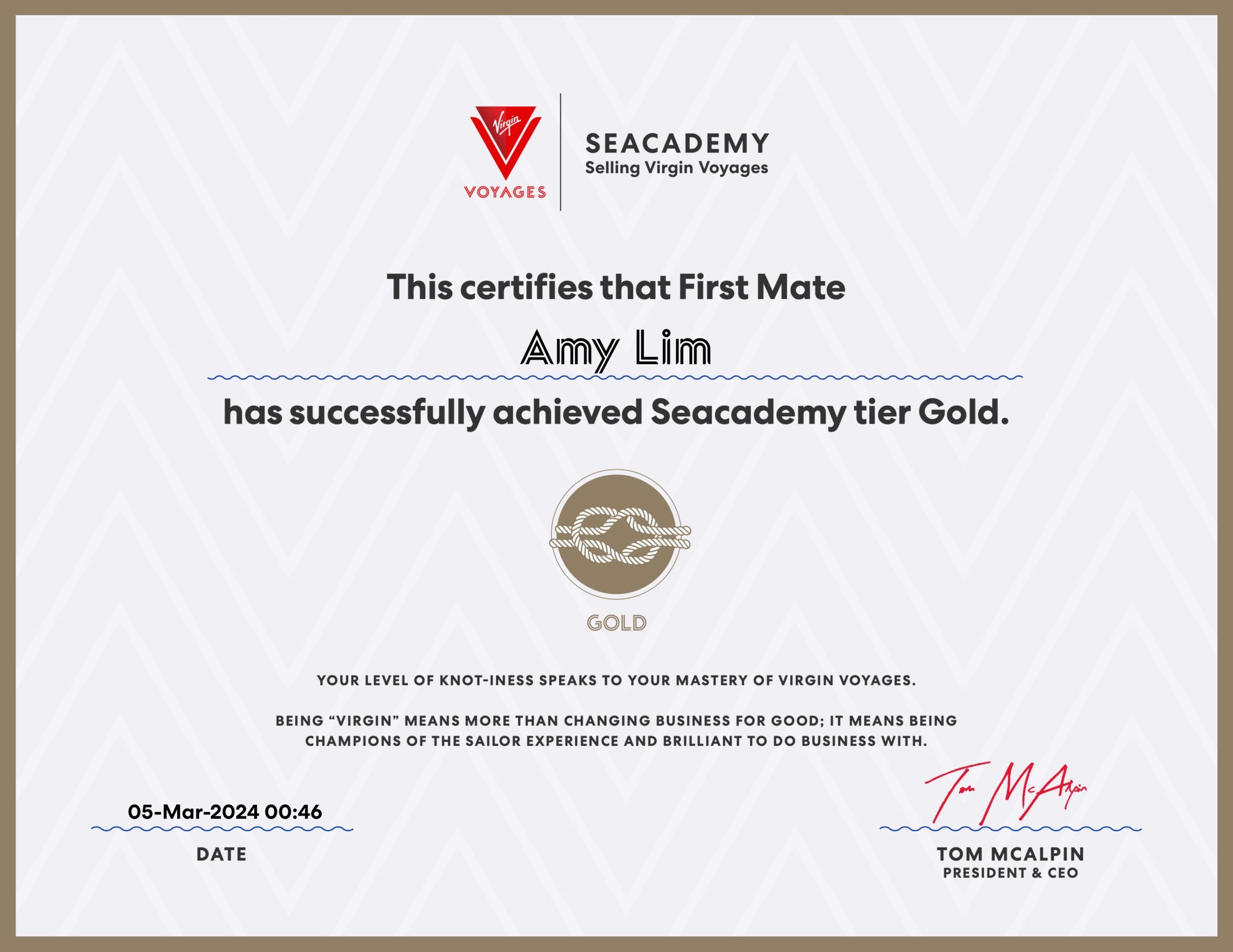 維真郵輪海上學院金色證書(Seacademy Tier Gold)